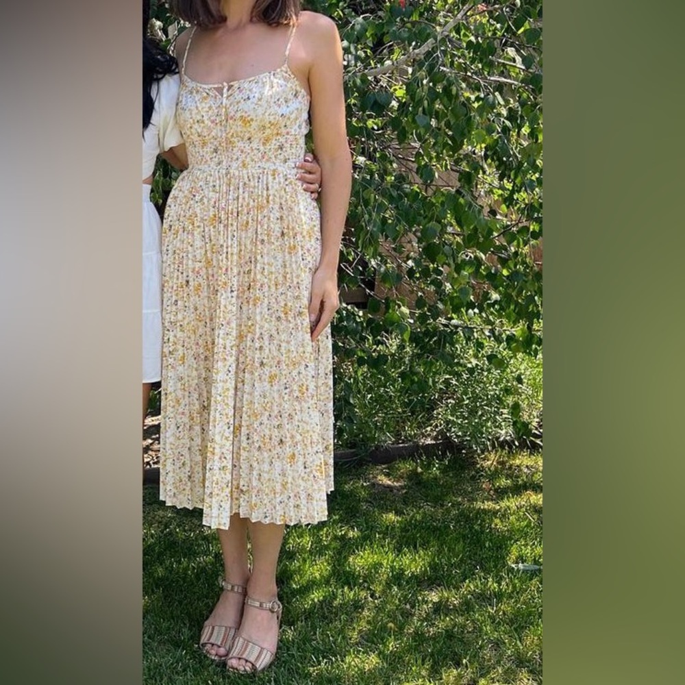 J. Crew yellow white ditzy floral pleated a line midi sun dress pockets 00 EUC - Picture 4 of 14
